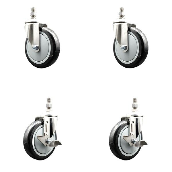 Service Caster 5 Inch 316SS Black Polyurethane Swivel 12mm Threaded Stem Caster Brake, 2PK SS316TS20S514-PPUB-BLK-M1215-2-TLB-2 - main